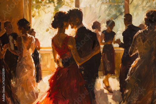 An enchanting oil painting capturing an intimate dance moment