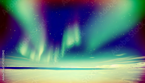 Arctic Night Sky: Aurora's Mystical Dance. The breathtaking spectacle of the aurora borealis over a snowy landscape, presented with a magical retro color scheme