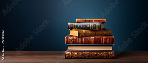 Stack of antique books on a wooden table against a dark blue background.Classic literature and reading concept. Banner for World Book Day event with copy space.   © NeuroCake