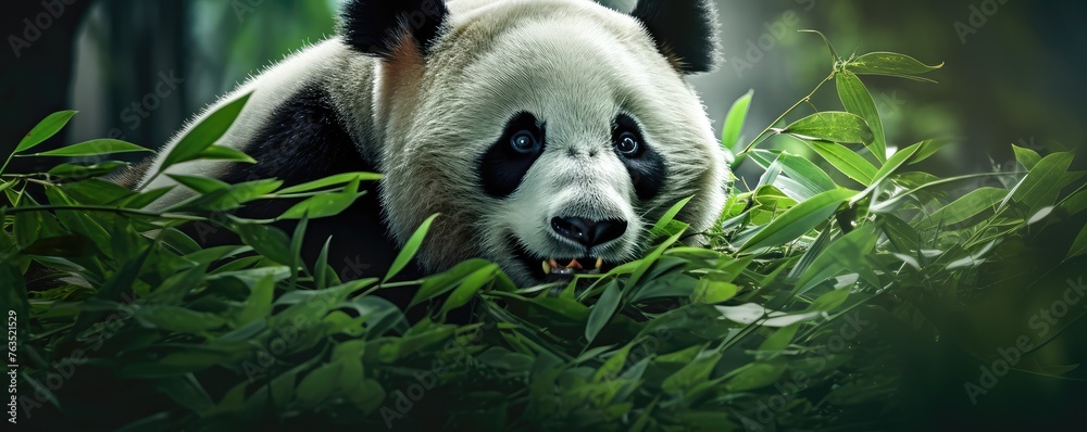 Obraz premium A panda bear is laying on a tree branch in a lush green forest