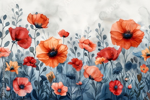 red poppies, watercolor clipart on light. Concept: background for wedding invitations, greeting cards, wrapping paper, gardening and floristry. © Neuro architect