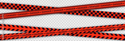 Realistic red barricade tape. Police warning line. Danger or hazard stripe. Under construction sign. Vector illustration.
