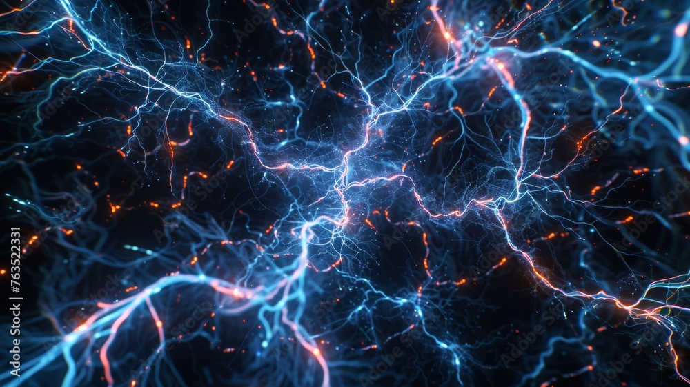 Conceptual illustration of neuron cells with glowing link knots in abstract dark space, high resolution Conceptual illustration of neuron cells with glowing link knots in abstract dark space, high resolution