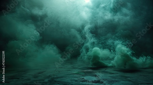 Empty Dark Room with Green Smoke and Wet Floor  Photography Space