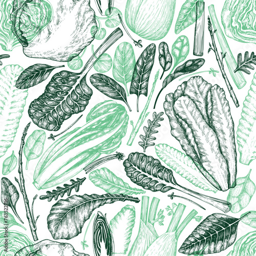 Green Vegetable Seamless Vector Pattern. Vector Hand Drawn Healthy Leaf Salad Background. Vintage Style Menu Illustration.