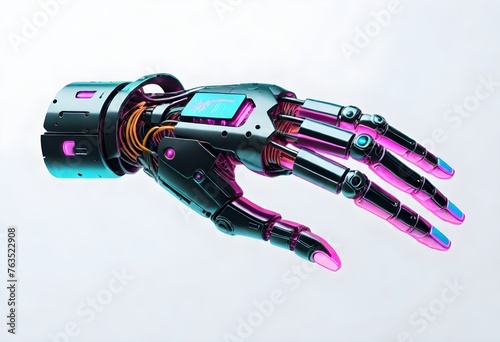 A robotic hand with black and metallic colors, featuring intricate wiring and illuminated sections
