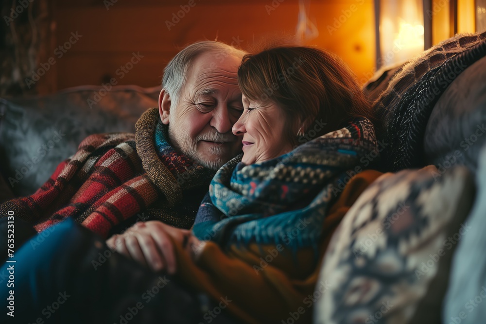 A cozy indoor scene captures the relaxed comfort of a man and woman sitting on a couch, their faces peaceful as they admire a portrait on the wall A cozy indoor scene captures the relaxed comfort of a man and woman sitting on a couch, their faces peaceful as they admire a portrait on the wall