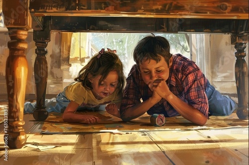 Brother and little sister playing at home under the table, realistic digital artwork