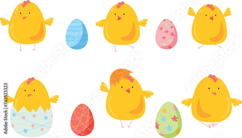 set of easter eggs and yellow chickens