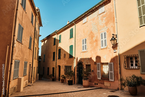 mediterranean style houses in the city center of Saint Tropez  a beautiful town on the coast of the french riviera and a popular travel destination.