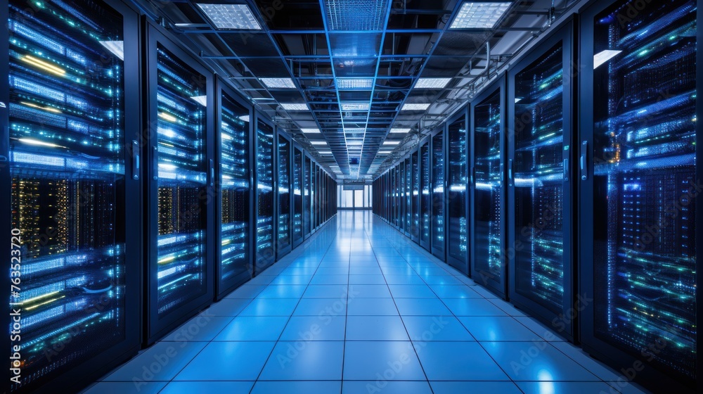 Depict a state of the art data center with rows of server racks, cooling systems, and redundant power supplies Depict a state of the art data center with rows of server racks, cooling systems, and redundant power supplies