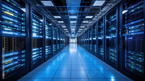 Depict a state of the art data center with rows of server racks, cooling systems, and redundant power supplies