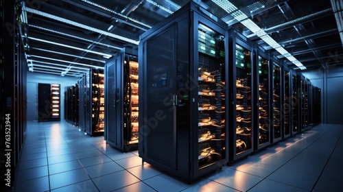 Depict a state of the art data center with rows of server racks, cooling systems, and redundant power supplies