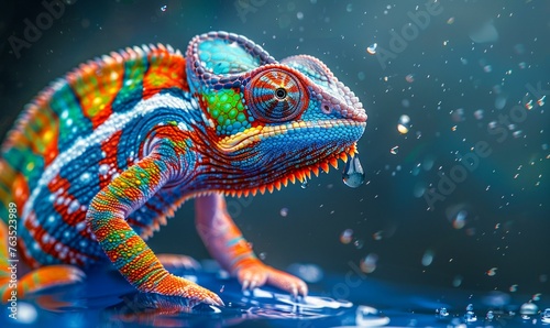 Vibrant Chameleon on a Textured Surface with Water Droplets. Generative ai © Scrudje