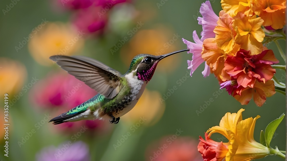 A graceful hummingbird hovering mid-air, sipping nectar from a cluster of colorful flowers. A graceful hummingbird hovering mid-air, sipping nectar from a cluster of colorful flowers.
