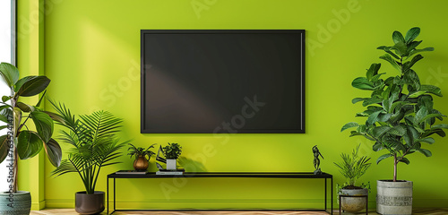 A chic black frame mockup hanging on a bright neon green wall, contrasting colors coming together in a playful yet sophisticated display, adding a pop of energy to any space. © contributor  gallery