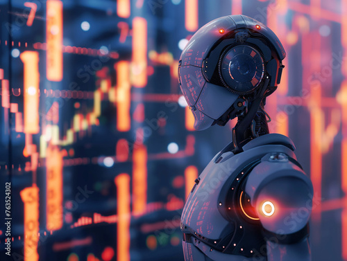 AI robot analyzing financial charts. Stock market illustration with an artificial intelligence focus.