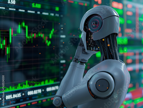 AI robot analyzing financial charts. Stock market illustration with an artificial intelligence focus.