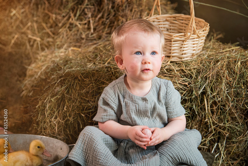 A baby is sitting on hay with a basket of ducks nearby.