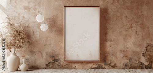 A chic copper frame mockup on a muted taupe wall, blending earthy tones with metallic accents to create a sophisticated and versatile backdrop that complements any style of artwork. © contributor  gallery