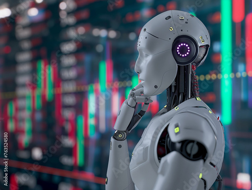 AI robot analyzing financial charts. Stock market illustration with an artificial intelligence focus.