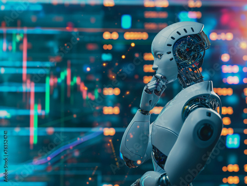 AI robot analyzing financial charts. Stock market illustration with an artificial intelligence focus.