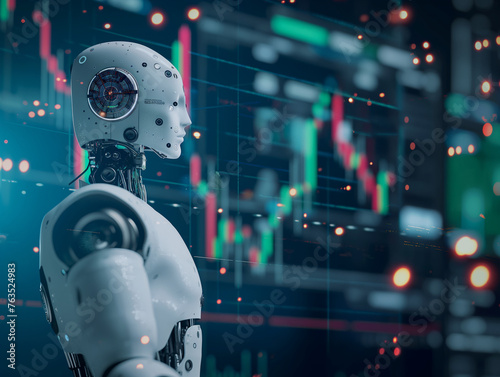 AI robot analyzing financial charts. Stock market illustration with an artificial intelligence focus.