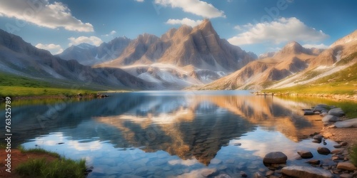 Mountain lake reflection, generative AI © Zohaib