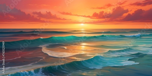 Vibrant sunset over a tranquil ocean horizon, generative AI