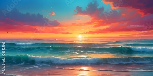 Vibrant sunset over a tranquil ocean horizon, generative AI © Zohaib