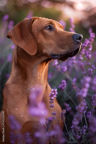 Portrait of a Rhodesian Ridgeback dog in a field of Lavender flowers, AI generated © M