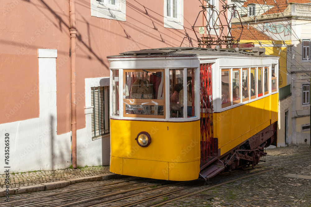Lisbon, Portugal. 8 December 2023. Elevador da Glória is a funicular (lift) railway line in the civil parish of Santo António, in the municipality of Lisbon, Portugal.