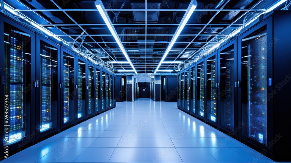 Depict a state of the art data center with rows of server racks, cooling systems, and redundant power supplies	
