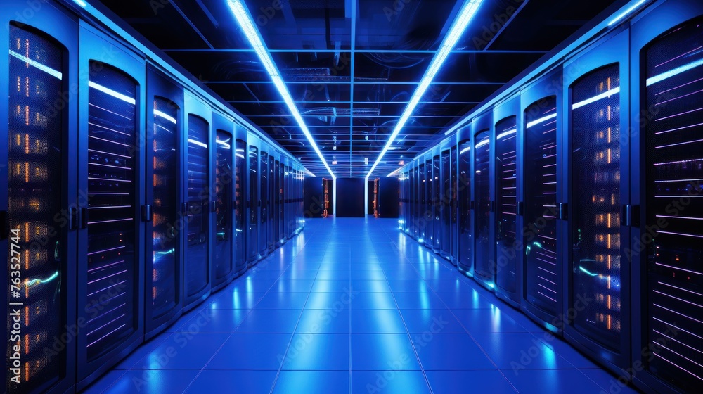 Depict a state of the art data center with rows of server racks, cooling systems, and redundant power supplies
Depict a state of the art data center with rows of server racks, cooling systems, and redundant power supplies