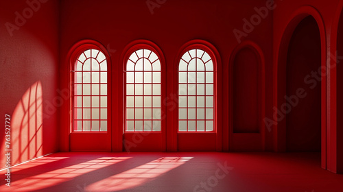 room with large windows. Red Empty room, ramadan . Generative Ai