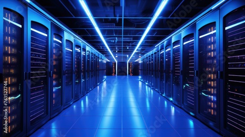 Depict a state of the art data center with rows of server racks  cooling systems  and redundant power supplies  