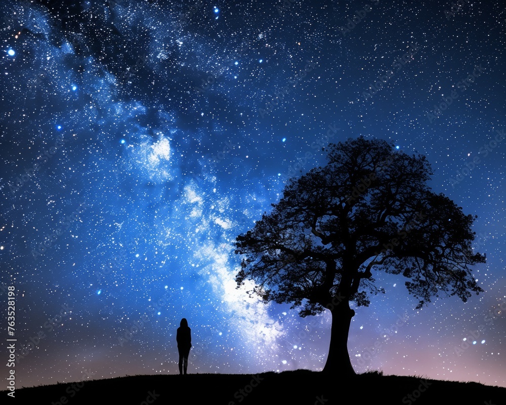 Lone silhouette under a grand oak tree against the Milky Way's radiant starlight
