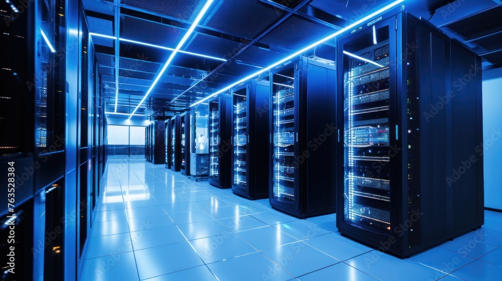 Depict a state of the art data center with rows of server racks, cooling systems, and redundant power supplies
Depict a state of the art data center with rows of server racks, cooling systems, and redundant power supplies