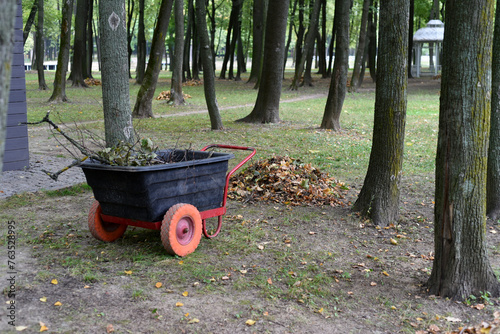 Autumn. Autumn work. Cleaning up fallen leaves, collecting them in a pile and loading them into a wheelbarrow.
