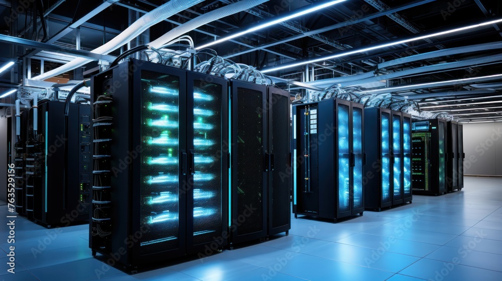Depict a state of the art data center with rows of server racks, cooling systems, and redundant power supplies
Depict a state of the art data center with rows of server racks, cooling systems, and redundant power supplies