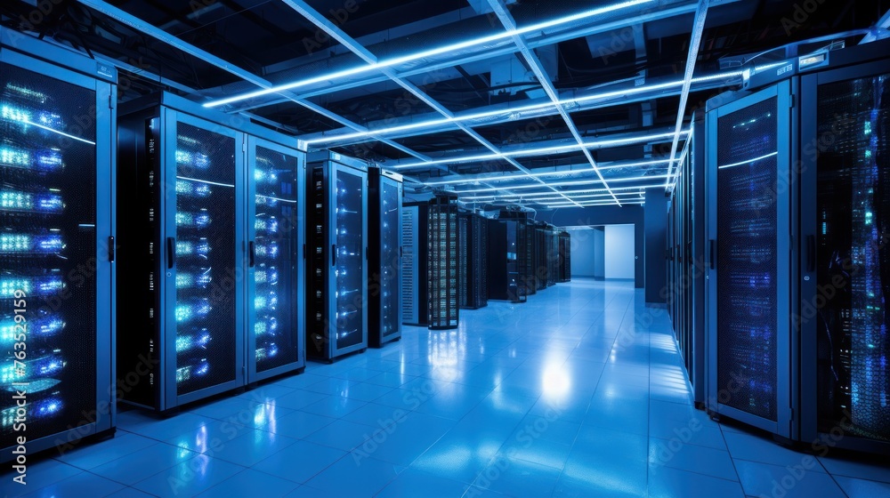 Depict a state of the art data center with rows of server racks, cooling systems, and redundant power supplies
Depict a state of the art data center with rows of server racks, cooling systems, and redundant power supplies