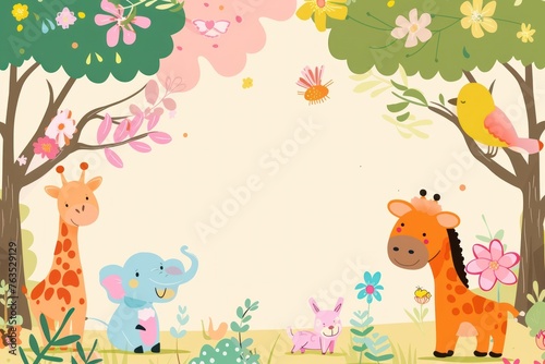 A group of animals in a forest, including giraffes, elephants, and birds. The scene is lively and colorful, with flowers and trees in the background