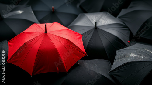 A red umbrella among a crowd of black umbrellas - Concept of success  of being special as a leader  with its own identity  having a difference  new ideas and special skills among the others