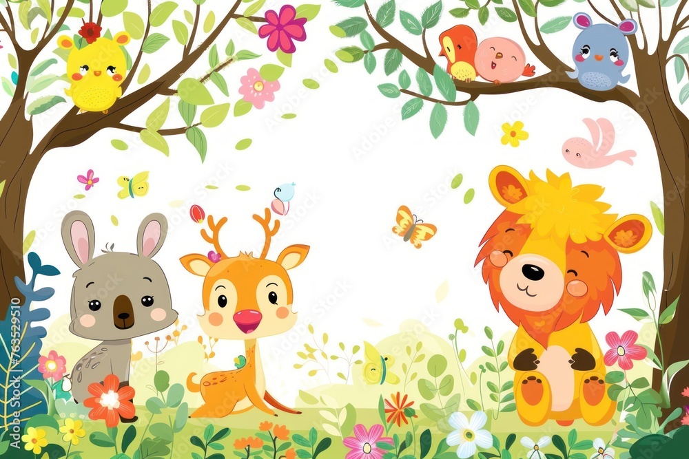 A group of cartoon animals are sitting in a forest. The animals include a bear, a deer, a rabbit, and a bird. The scene is bright and colorful, with lots of flowers and trees A group of cartoon animals are sitting in a forest. The animals include a bear, a deer, a rabbit, and a bird. The scene is bright and colorful, with lots of flowers and trees