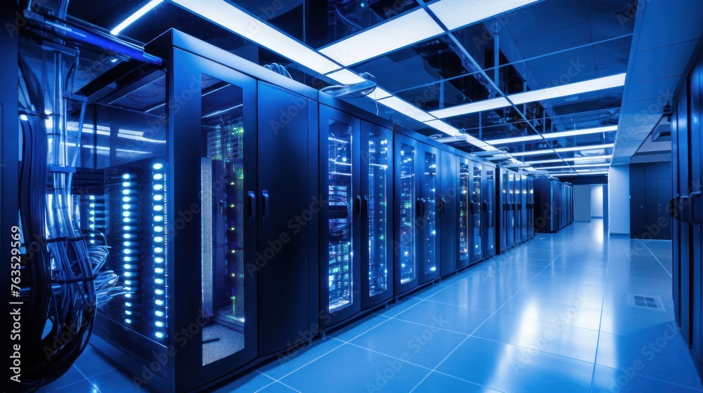 Fototapeta premium Depict a state of the art data center with rows of server racks, cooling systems, and redundant power supplies