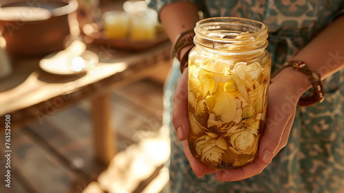 Woman holding a jar of pickled vegetables.