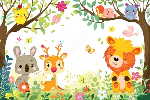 A group of cartoon animals are sitting in a forest. The animals include a bear, a deer, a rabbit, and a bird. The scene is bright and colorful, with lots of flowers and trees