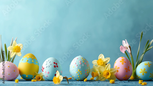 Easter holiday celebration banner greeting card banner, Set collection of big colorful painted easter eggs and daffodils flowers on table with blue background