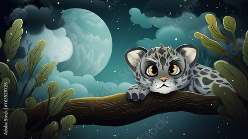 Leopardo nebuloso na floresta noturna - Ilustração infantil photo