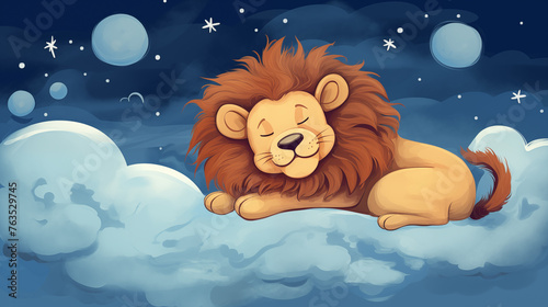 Leão dormindo nas nuvens - Ilustração infantil photo